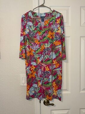 Caribbean Joe Fuchsia Tropical Floral V-Neck Dress with Orange & Green